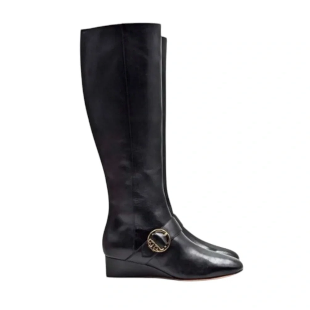 TORY BURCH Sophia Black Nappa Leather Tall Wedge Riding Boots